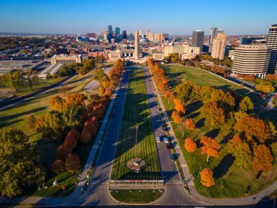 Aerial skyline shot of Kansas City in the fall photographed by Scott Blair (Courtesy of Visit Kansas City).