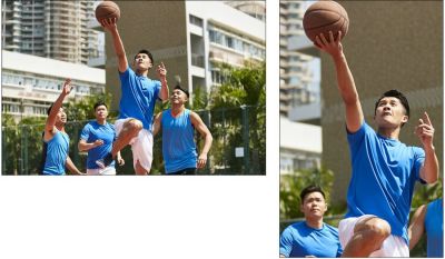 Better cropping makes images appear larger while taking up less space. The key part of the picture is the layup, not the other players standing around.