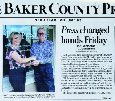 Jim McGauley turns over Baker County Press to Jessica Prevatt. Jim McGauley turns over Baker County Press to Jessica Prevatt.