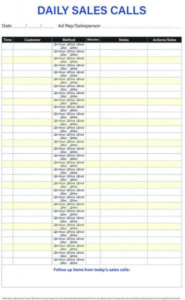 One way to increase effective sales calls is to keep a daily log of all calls, tracking how they were made (in-person, phone, text, email, or other).