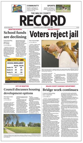 The Walsh County Record now has a brand-new flag across the top of the front page. There is one critique I have of the new design. It’s much better than the previous flag, but I would find a way to spread out the letters in “RECORD” or possibly use “COUNTY RECORD” with “The Walsh County” above. Still, it’s so much better than the old flag. The Walsh County Record now has a brand-new flag across the top of the front page. There is one critique I have of the new design. It’s much better than the previous flag, but I would find a way to spread out the letters in “RECORD” or possibly use “COUNTY RECORD” with “The Walsh County” above. Still, it’s so much better than the old flag.