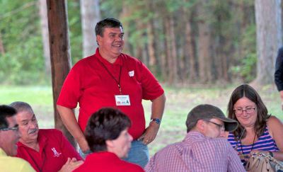 Brian Thomsen speaks to a group at the Friday Night Steak Fry on Aug. 19, 2016, during the WNA Trees Retreat in Eagle River. (Photo by Photo by Julia Hunter, WNA) Brian Thomsen speaks to a group at the Friday Night Steak Fry on Aug. 19, 2016, during the WNA Trees Retreat in Eagle River. (Photo by Photo by Julia Hunter, WNA)