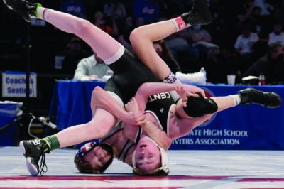 Using all the angles, Centralia’s Weston Ward, right, and Hallsville’s Paxton Martin vie for position. (James Smith | Centralia (Missouri) Fireside Guard)