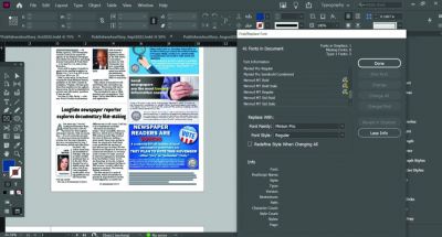 To find and replace any Type 1 fonts in an Adobe InDesign document, click  Type  in the menu bar, then  Find/Replace Font.  The box shown above will appear. Type 1 fonts have the circle and yellow alert icon to the right of the font. Click on this font, then select an alternative Font Family and Font Style.  Once selected, click  Change  or  Change All.  Many thanks to Kevin for instructing Pub Aux Editor Kate Decker via email. (Kate Decker, Pub Aux)