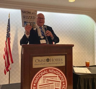 At the Annual Convention & Trade Show in Omaha, Nebraska, John Galer speaks about the First Amendment consequences of the local police raid of the Marion (Kansas) County Record while holding their next front page &mdash; which was published without most of their equipment.